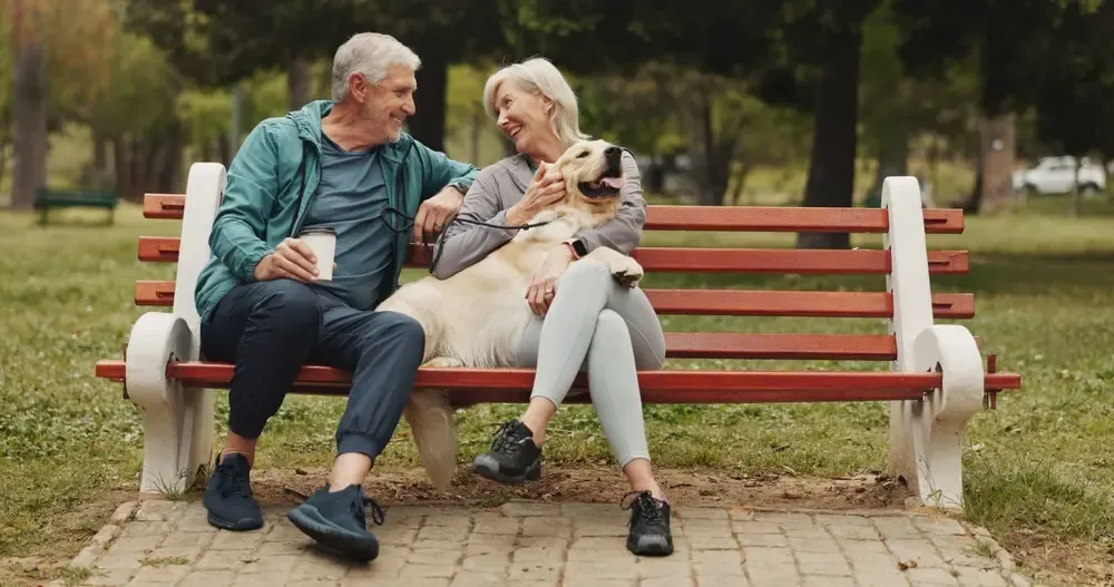 Deux adultes plus âgés assis sur un banc en bois dans un parc avec un golden retriever, l’un tenant un café à emporter, profitant d’un moment à l’extérieur dans un environnement verdoyant. 