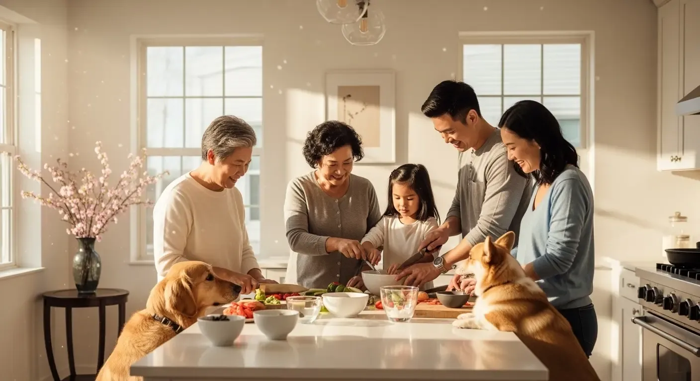 Multi-generational family preparing a meal together in a bright kitchen, with a child, older adults, and two dogs gathered around a kitchen island with fresh ingredients.